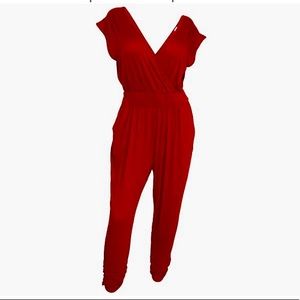 eVogues Plus Size Deep V-Neck Jumpsuit Red